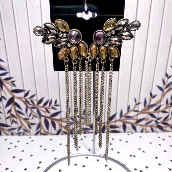 NEW Rhinestone Crusted Silver Toned Chain Tassel Earrings - Picture 1 of 7